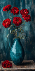 Rosas vermelhas vibrantes em um vaso vintage