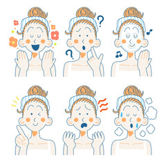 スキンケアをする女性のイラストセット