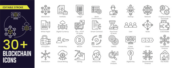 Blockchain Stroke icon collections. Containing Portfolio, Ledger, Digital Currency, Cyber Security, Encryption, Distribution, Mining, and Bitcoin icons. Editable Stroke icon collection
