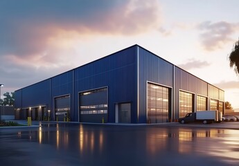 Fototapeta premium A modern warehouse exterior with blue metal cladding and large garage doors 