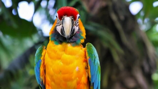 A colorful parrot is perched on a tree branch. The bird is yellow and blue with a red beak