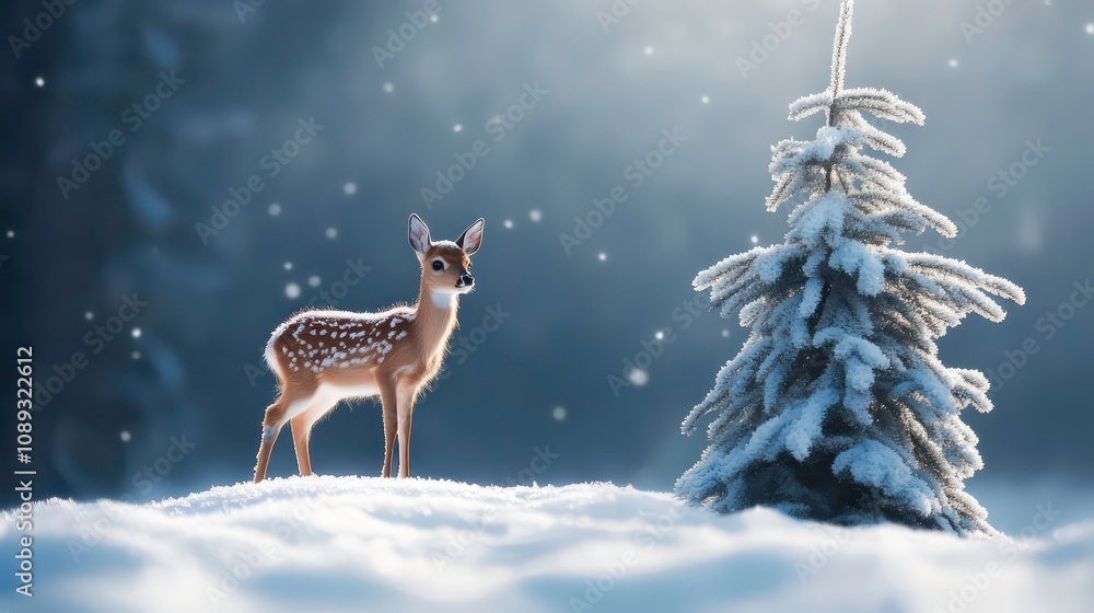 Poster a young deer stands in a snowy forest with a pine tree in the background. the deer is looking to the