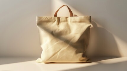 Beige Tote Bag with Brown Leather Handles in Sunlight