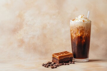 Iced coffee with whipped cream and caramel served with a chocolate brownie