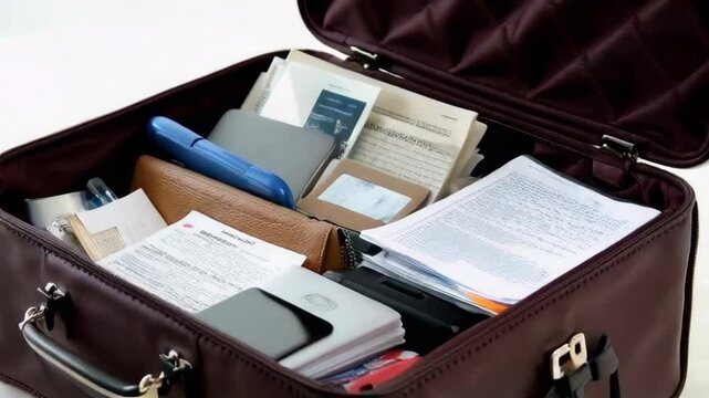 A brown briefcase is opened and filled with papers, a cell phone, and other items. The scene suggests a busy day, with the briefcase likely containing important documents or work materials