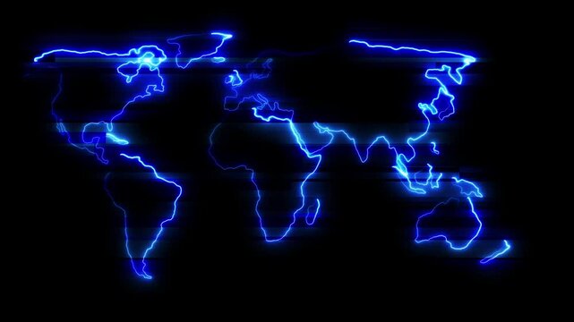 Neon glowing earth icon animation with digital news background. Neon mapping of the continent world map icon with news presenter background.