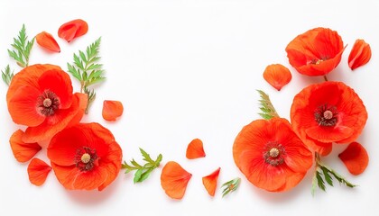 Obraz premium Closeup of Blooming Poppy Flowers and Petals Isolated on White Background. Top View of Flower with Empty Space.