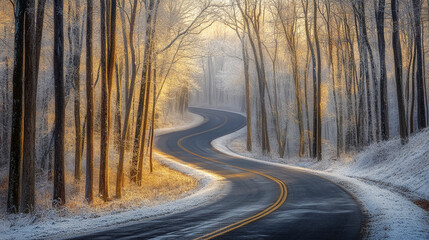 Obraz premium Winding Winter Road with Frost Covered Trees