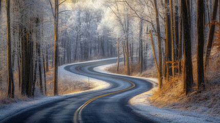 Obraz premium Snowy Curving Road Through Frosty Forest