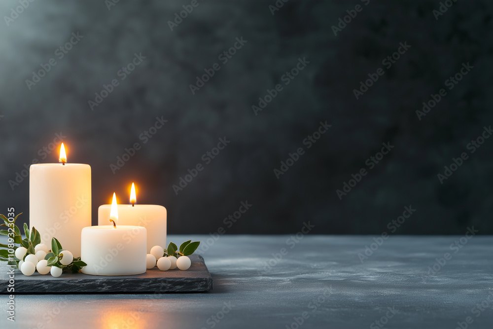 Poster three lit candles of varying sizes on table create serene atmosphere, surrounded by small white berr