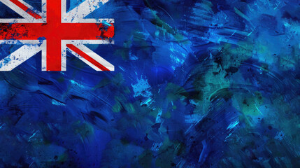 watercolor illustration, vintage postcard, Australia Day, flag of Australia, abstract blue background, texture of oil paint, copy space, free space for text