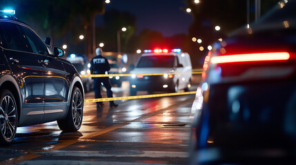 Fototapeta premium nighttime crime scene is cordoned off by police tape, surrounded by police cars with flashing lights. wet street reflects lights, creating tense atmosphere
