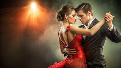 Naklejka premium Passionate ballroom dance couple in dramatic pose with intense gaze, dressed elegantly against moody backdrop