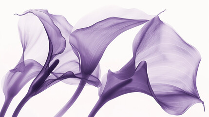 X-ray photography of calla lilies, light purple and white, ethereal and dreamy, with soft edges and blurred details, neutral tones, and a monochromatic palette.
