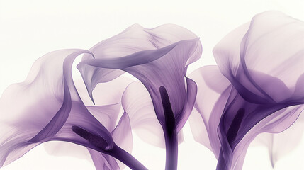 X-ray photography of calla lilies, light purple and white, ethereal and dreamy, with soft edges and blurred details, neutral tones, and a monochromatic palette.