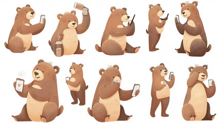 Cute stickers depicting bears with different poses and facial expressions, for example, playing with mobile phones or drinking coffee, cute dressed on a white background.