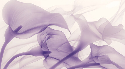 X-ray photography of calla lilies, light purple and white, ethereal and dreamy, with soft edges and blurred details, neutral tones, and a monochromatic palette.