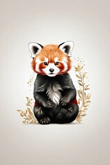 Black and White Minimalist Drawing of a Red Panda Cub on a White Background