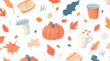Autumn-themed seamless pattern with pumpkins, coffee cups, leaves, and pastries.