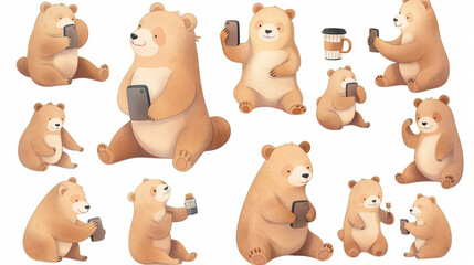 Cute stickers depicting bears with different poses and facial expressions, for example, playing with mobile phones or drinking coffee, cute dressed on a white background.