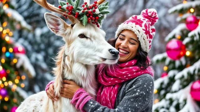 Beautiful Christmas deer in a snowy forest, symbol of the New Year.