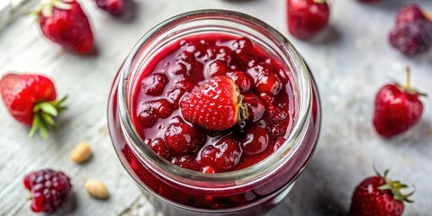 A jar of homemade fruit preserves with a strawberry on top surrounded by other berries