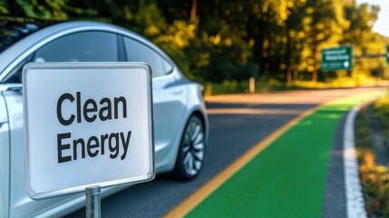 A silver electric car parked near a sign that reads "Clean Energy," alongside a green bike lane and trees lining the road.