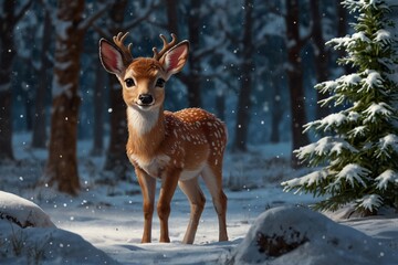 Cute Drawing of a Fawn Joyfully Standing in a Snowy Magical Christmas Forest