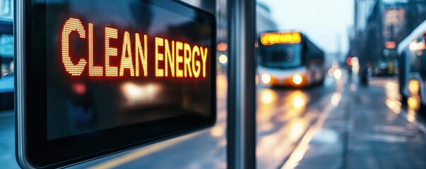 A digital display shows "CLEAN ENERGY" in bright letters, with a bus and cityscape blurred in the background, emphasizing urban sustainability.