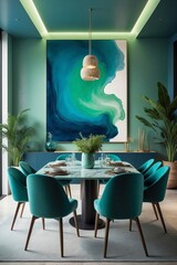 Modern Dining Room with Stylish Interior, Adorned with a Large Painting in Green and Blue Tones