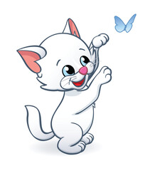 cute cartoon white kitten cat standing on hind legs playing with butterfly vector isolated on transparent background
