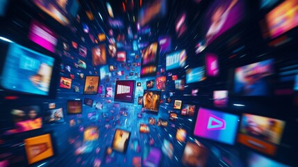 A digital vortex of video thumbnails speeds past the viewer. The thumbnails are brightly colored and contain a variety of content, including people, animals, and landscapes.