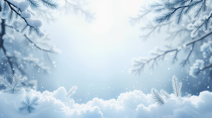 Obraz premium Snowy Winter Wonderland Background with Pine Branches and Soft Sunlight. Perfect for Holiday Greetings and Festive Projects.