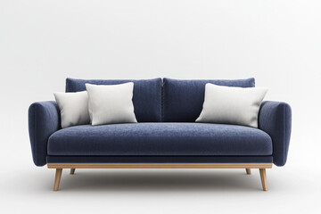 Modern blue sofa with decorative cushions in minimalist setting
