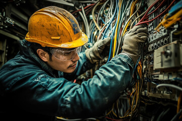 Fototapeta premium Male electrician with a yellow hard hat and protective glasses works meticulously on intricate wiring, showcasing focus and expertise in a technical setting.