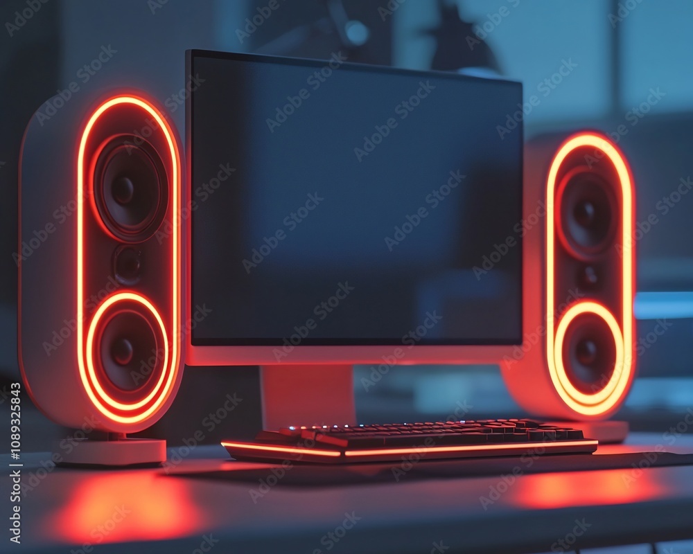 Poster glowing neon speakers embedded in modern minimalist desk setup for ambient workspace atmosphere