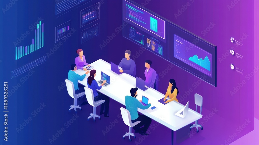 Poster teamwork data analytics meeting: isometric illustration of a collaborative business data analysis se