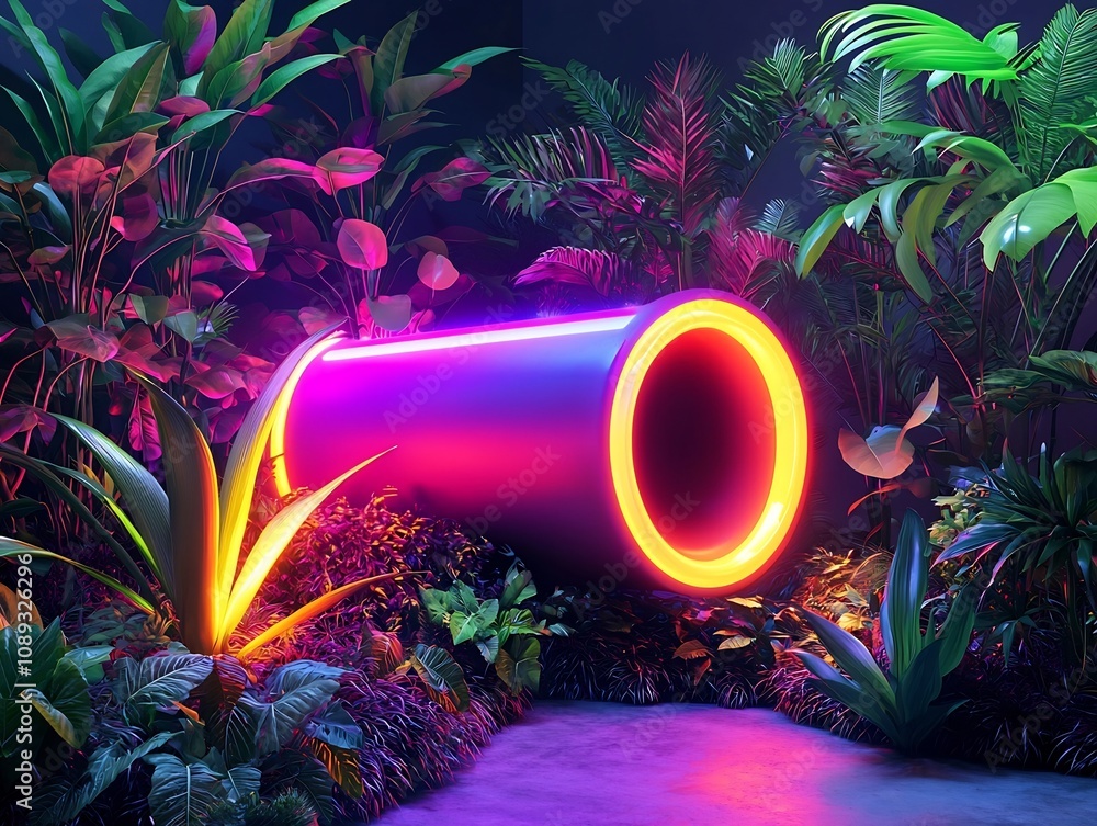 Poster glowing neon speaker embedded in futuristic garden with pulsing lights