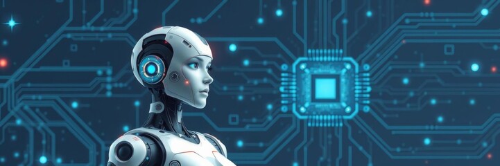 Three dimensional render of futuristic gynoid with computer chip, innovation, artificial intelligence, cyborg