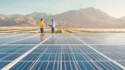 Obraz premium A sales pitch happening in a field near solar panels close up, focus on, copy space Double exposure silhouette with salespeople and solar field