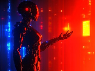A futuristic robot hand reaching towards a glowing holographic interface, illuminated by neon red and blue lights, with intricate circuits glowing faintly against a gradient background.