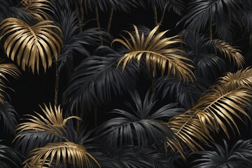 Black and Gold Palm Leaves Shimmering with Gilding Against a Striking Black Background