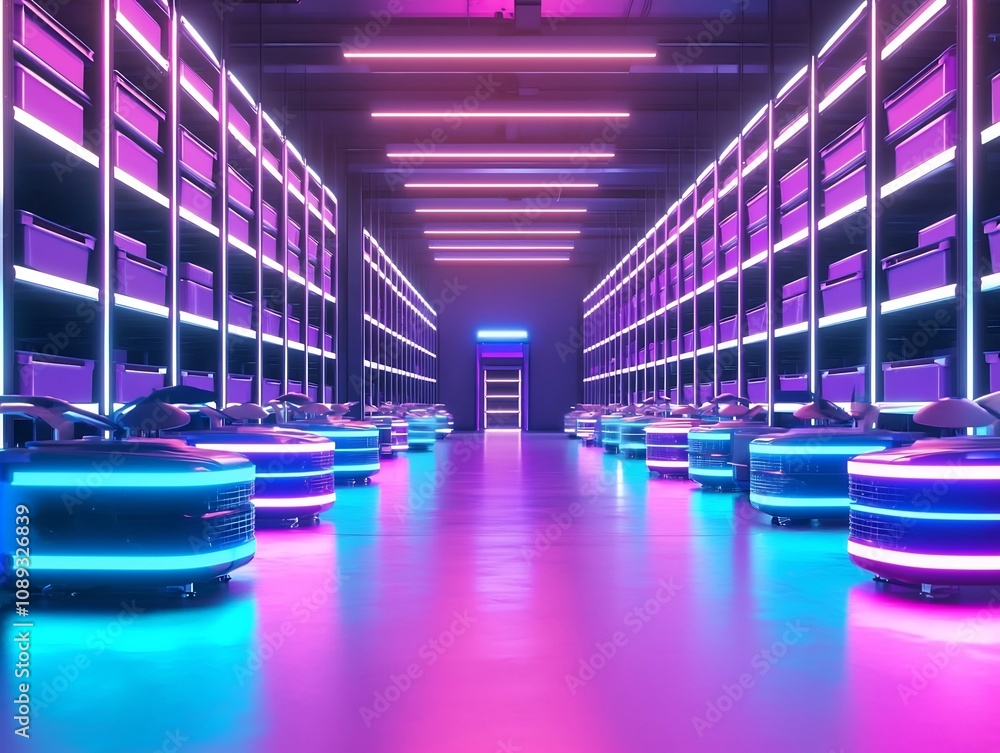 Poster glowing logistics warehouse with efficient robotic automation and neon lit aisles for streamlined bu