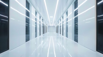 A sleek, modern data center corridor featuring rows of server racks and bright lighting.