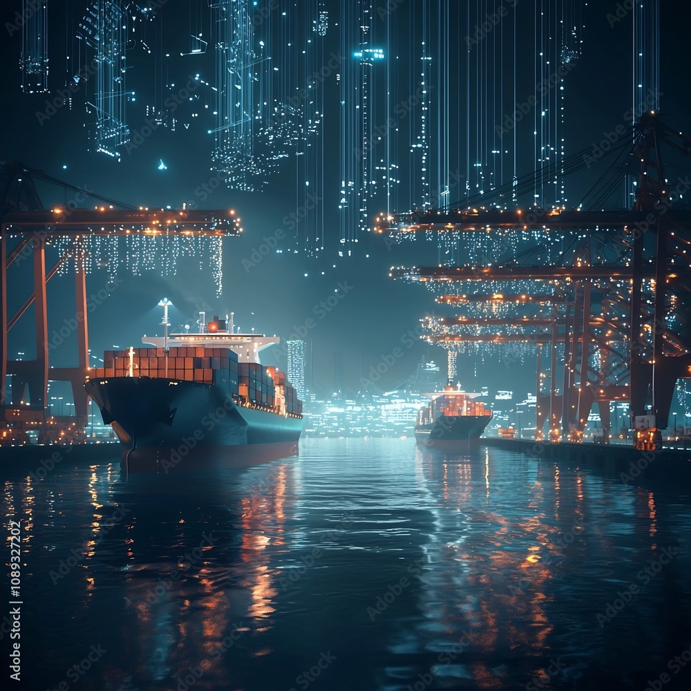 Aufkleber futuristic automated cargo port with glowing robotic cranes and data streaming