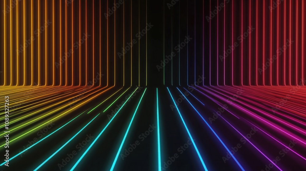Poster dark background with glowing vertical and horizontal lines in various colors, creating a vibrant and
