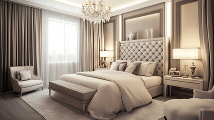 Fototapeta premium Elegant and Cozy Modern Bedroom Interior Design with Stylish Decor, mockup, poster and Background