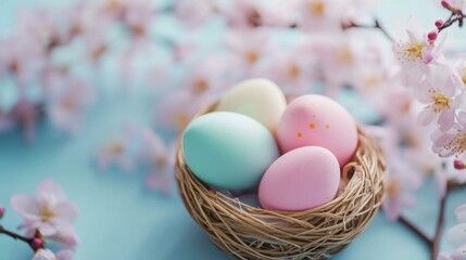 Colorful Easter eggs nestled in a bird's nest with delicate cherry blossoms in the background