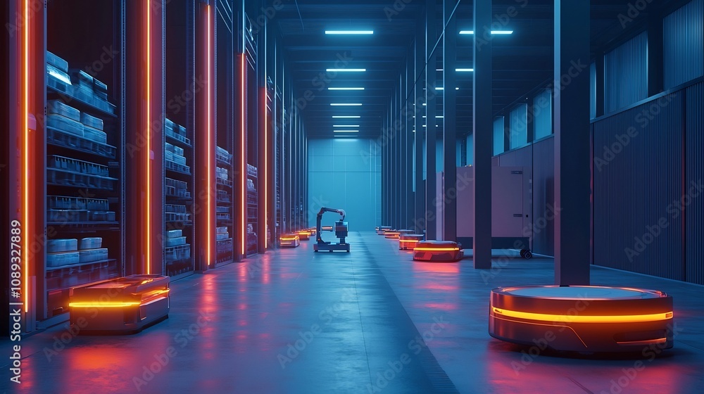 Poster futuristic smart warehouse with energy efficient lighting and robotic automation for efficient logis