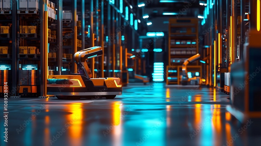 Poster automated smart warehouse with robotic arms and energy efficient lighting for streamlined logistics